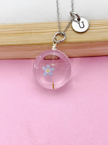 Silver Dandelion Forget Me Not Real Flower Charm Necklace, Wish Gifts, N5776