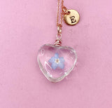 Gold Forget Me Not Real Press Flower Heart Charm Necklace, Wish Gifts, N5778