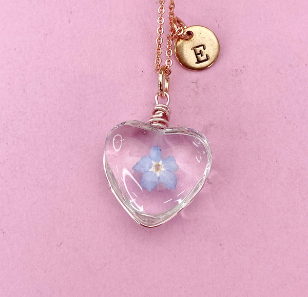 Gold Forget Me Not Real Press Flower Heart Charm Necklace, Wish Gifts, N5778