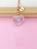 Gold Forget Me Not Real Press Flower Heart Charm Necklace, Wish Gifts, N5778