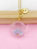 Gold Dandelion Three Forget Me Not Real Flower Charm Necklace, Wish Gifts, N5779