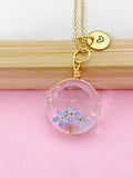 Gold Dandelion Three Forget Me Not Real Flower Charm Necklace, Wish Gifts, N5779