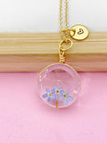 Gold Dandelion Three Forget Me Not Real Flower Charm Necklace, Wish Gifts, N5779