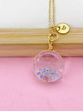 Gold Dandelion Three Forget Me Not Real Flower Charm Necklace, Wish Gifts, N5779