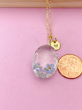 Gold Two Dandelion Three Forget Me Not Real Flower Oval Charm Necklace, Wish Gifts, N5780
