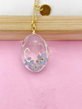 Gold Two Dandelion Three Forget Me Not Real Flower Oval Charm Necklace, Wish Gifts, N5780