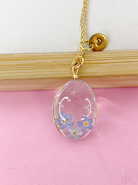 Gold Two Dandelion Three Forget Me Not Real Flower Oval Charm Necklace, Wish Gifts, N5780