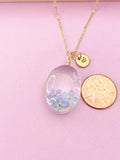 Gold One Dandelion Three Forget Me Not Real Flower Oval Charm Necklace, Wish Gifts, N57801