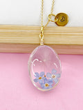 Gold One Dandelion Three Forget Me Not Real Flower Oval Charm Necklace, Wish Gifts, N57801