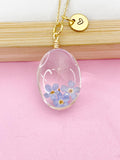 Gold One Dandelion Three Forget Me Not Real Flower Oval Charm Necklace, Wish Gifts, N57801