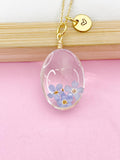 Gold One Dandelion Three Forget Me Not Real Flower Oval Charm Necklace, Wish Gifts, N57801