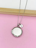 Silver Locket Pendant Necklace, Keepsake Photo Charm, Initial