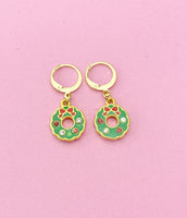Gold Christmas Wreath Charm Earrings, Red Green Wreath Flower Jewelry, N3257