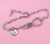 Silver Lasso Knot Charm Bracelet, Initial Charm, Stainless Steel Chain