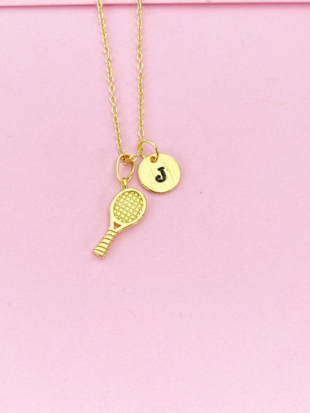 Gold Tennis Racket Charm Necklace, Preconized Gift, N4206