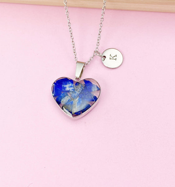 Silver Lapis Lazuli Heart Pendant Necklace, Natural Gemstone Jewelry, N4492