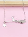 Silver Cute Cat Riding Witch Broom Charm Necklace, Cat On A Broom, Halloween Gift, N5784