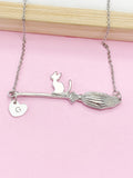 Silver Cute Cat Riding Witch Broom Charm Necklace, Cat On A Broom, Halloween Gift, N5784