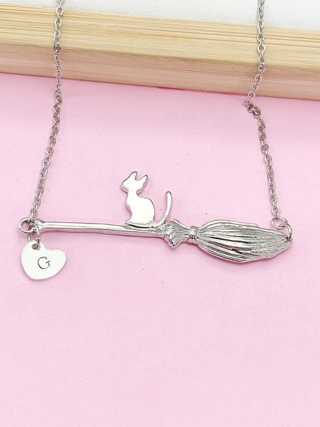 Silver Cute Cat Riding Witch Broom Charm Necklace, Cat On A Broom, Halloween Gift, N5784