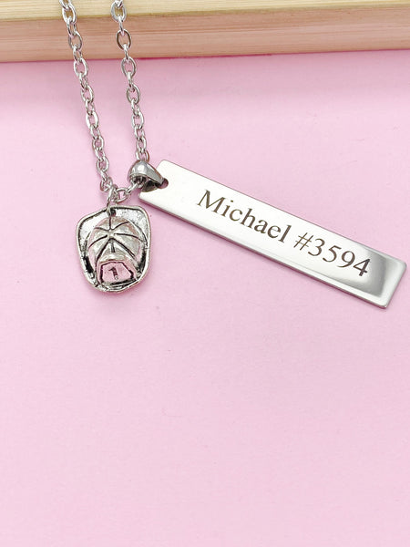 Silver Firefighter Helmet Necklace, Name, Tag, Badge Number, Christmas Gifts for Firefighter, D054