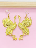 Gold Red Crowned Crane Charm Earrings, Large Earrings, Manchurian Crane, Japanese Crane, Luck Longevity Fidelity Jewelry, N2701
