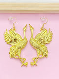 Gold Crane Dangle Earrings, Manchurian Bird Jewelry, N2701