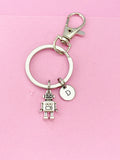 Silver Robot Charm Keychain, Robotic Gift, Personalized Initial Keychain, N4916