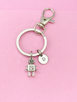 Silver Robot Charm Keychain, Robotic Gift, Personalized Initial Keychain, N4916