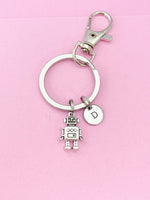 Silver Robot Charm Keychain, Robotic Gift, Personalized Initial Keychain, N4916