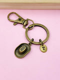 Cowboy Hat Keychain, Personalized Initial Charm, Bronze Western Jewelry