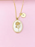 Gold Marigold Flower Necklace, Initial Charm, October Birthday Gift