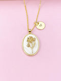 Gold Marigold Flower Necklace, Initial Charm, October Birthday Gift