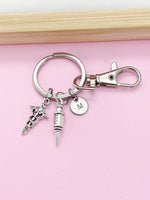 Silver Medical Syringe Caduceus Charm Keychain, Gifts for Medical School, Phlebotomy Phlebotomist, N1977