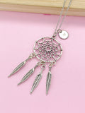 Silver Dreamcatcher Necklace, Initial Charm, Personalized Gift