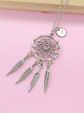 Silver Dreamcatcher Necklace, Initial Charm, Personalized Gift