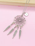 Silver Dreamcatcher Necklace, Initial Charm, Personalized Gift