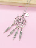Silver Dreamcatcher Necklace, Initial Charm, Personalized Gift