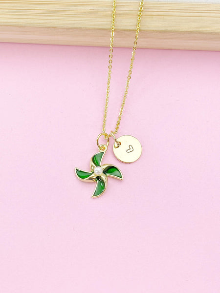 Pinwheel Necklace, Gold Beautiful Pinwheel Charm Necklace, Green, Windmill, Birthday Gift, N5171E