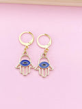 Gold Hamsa Earrings, Blue Evil Eye Charm, Protection Jewelry