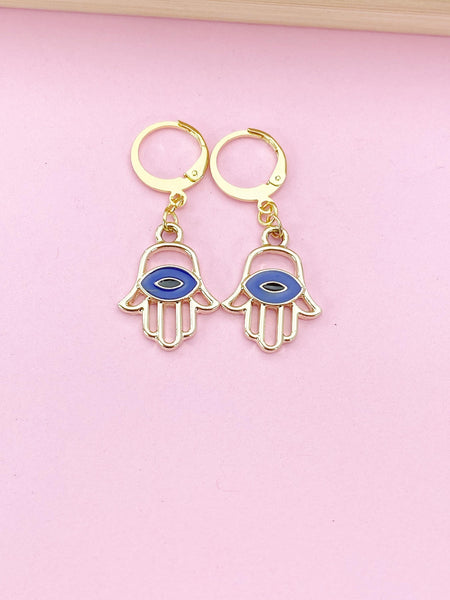 Gold Blue Evil Eye Charm Earrings, Lucky Hamsa Blue Evil Eye Charm Earrings, Protection Gift, N3142