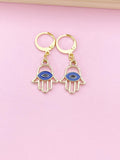Gold Hamsa Earrings, Blue Evil Eye Charm, Protection Jewelry