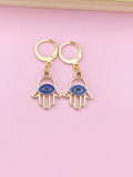 Gold Hamsa Earrings, Blue Evil Eye Charm, Protection Jewelry