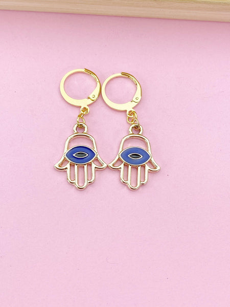 Gold Blue Evil Eye Charm Earrings, Lucky Hamsa Blue Evil Eye Charm Earrings, Protection Gift, N3142