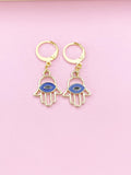 Gold Blue Evil Eye Charm Earrings, Lucky Hamsa Blue Evil Eye Charm Earrings, Protection Gift, N3142