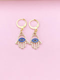 Gold Hamsa Earrings, Blue Evil Eye Charm, Protection Jewelry