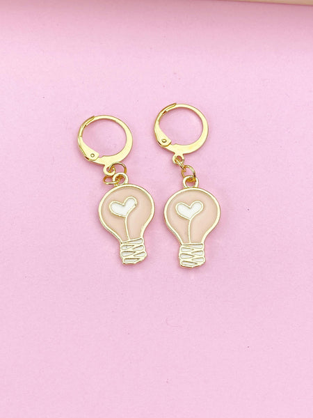 Gold Light Bulb Earrings, Lightbulb with Heart Earrings, Teacher Appreciation Gift, Gifts for Teacher, Teacher Thank You, N3239
