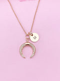 Rose Gold Cubic Zirconia Crescent Moon Necklace, Initial Charm