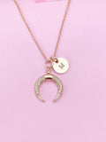 Rose Gold Cubic Zirconia Crescent Moon Necklace, Initial Charm