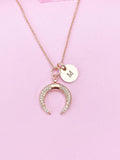 Rose Gold Cubic Zirconia Crescent Moon Necklace, Initial Charm