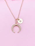 Rose Gold Cubic Zirconia Crescent Moon Necklace, Initial Charm